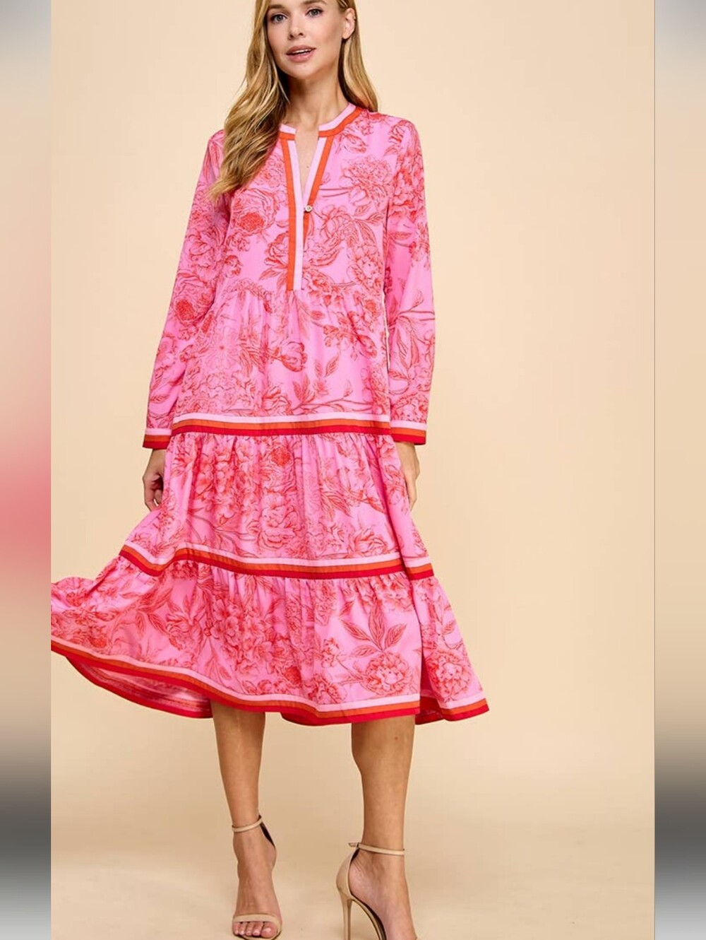 TCEC Women's Boho Pink & Orange Floral Tiered Midi Dress - Size Large